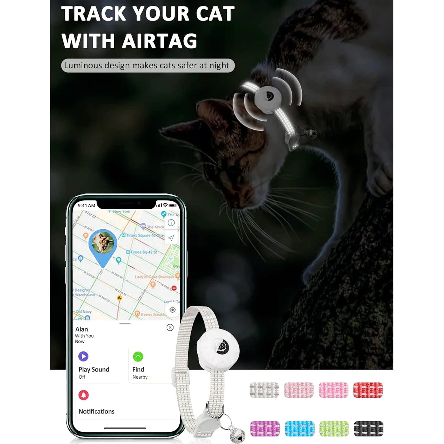 Air Tag Pet Collar with Airtag Holder and Bell Reflective GPS Kitten Collar for Girl Boy Cats Gatos